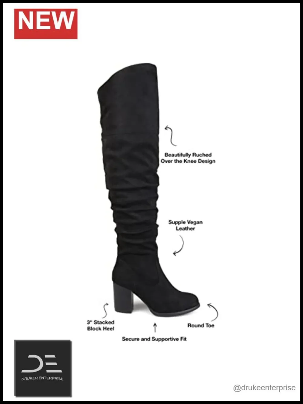 Vegan Leather Over-the-Knee Boots with Stacked Heel & Inside Zip